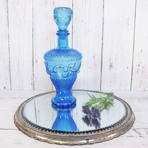 Mid-Century Blue Colored Glass Decanter Carafe w/ Stopper Home Decor Gift Her